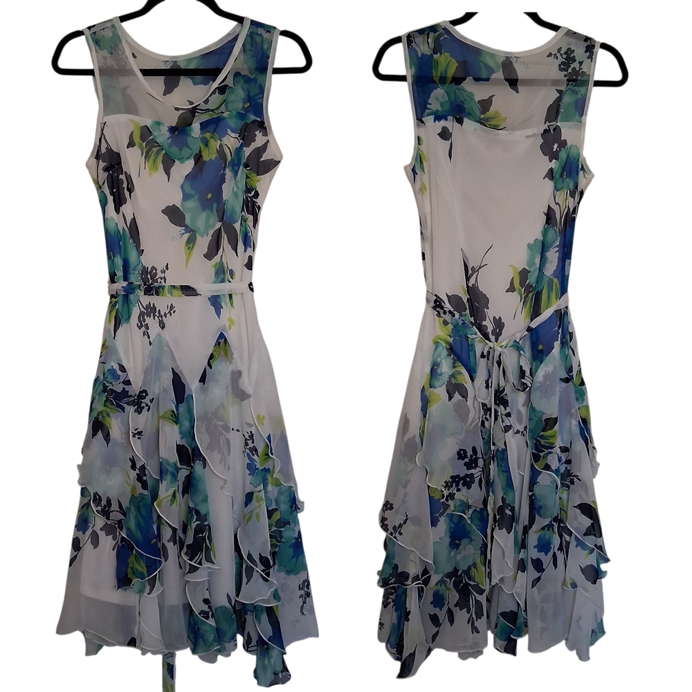 Sleeveless White Asymmetrical Floral Dress with Blue & Green Blooms